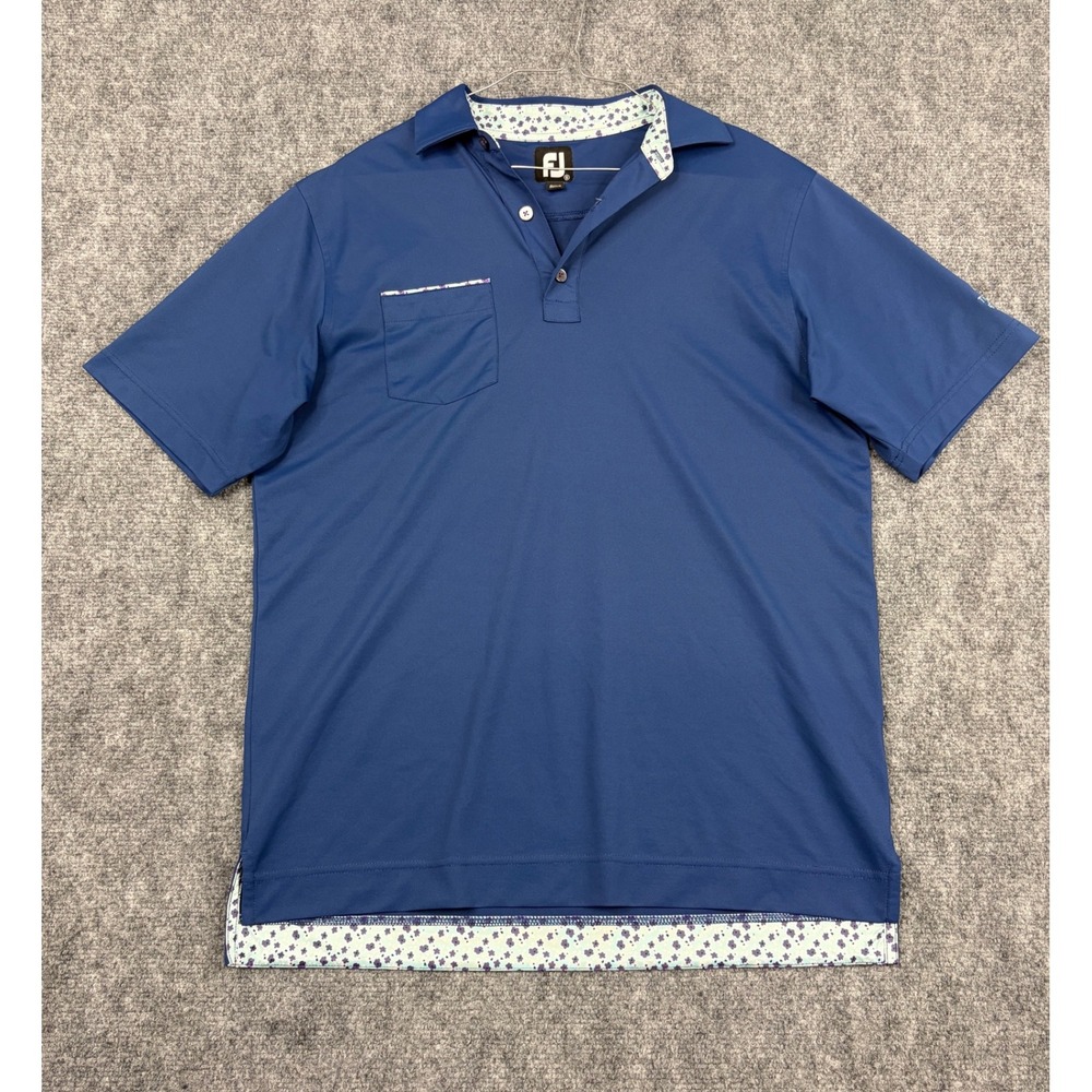 FootJoy Mens Blue Floral Trim Golf Polo Shirt Small Amelia Island FJ Logo